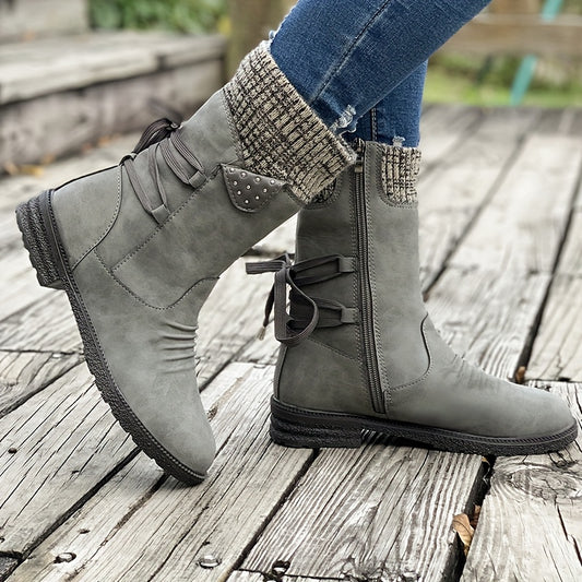 Vintage Classic Elegant Mid-Calf Boots. Elastic Collar Design, Lace-Up Adjustable for Plus Size