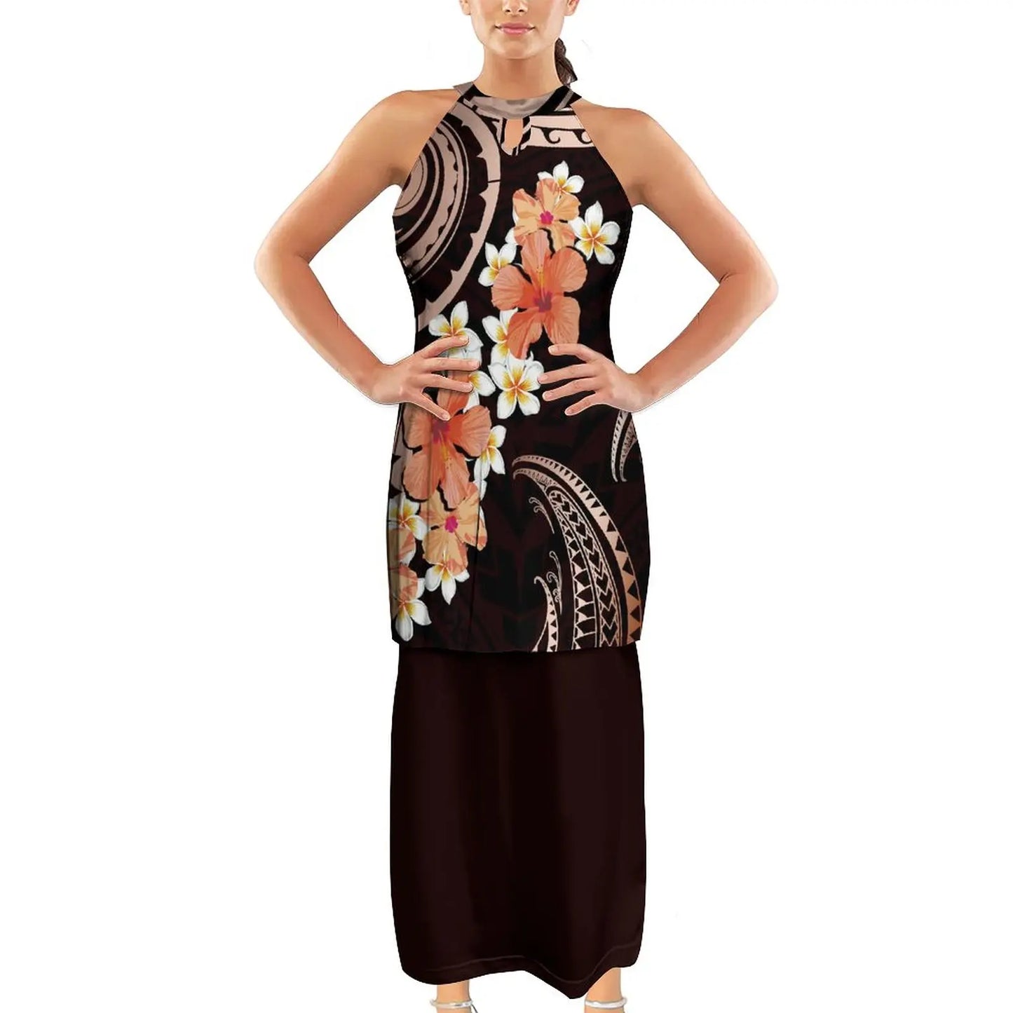 Hawaiian Plumeria Flower Print Halter Neckband Puletasi Custom Sleeveless Top Skirts Set Polynesian Plus Size Womens Dresses 7XL