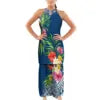 Hawaiian Plumeria Flower Print Halter Neckband Puletasi Custom Sleeveless Top Skirts Set Polynesian Plus Size Womens Dresses 7XL