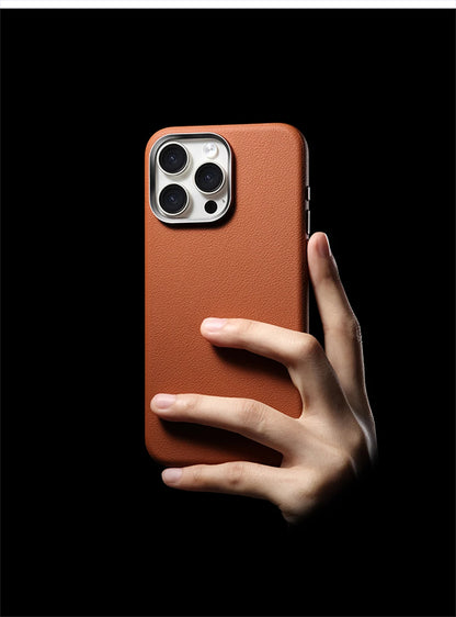 Luxury Alloy Lens Frame Business PU Leather Case For iPhone 17 16 Pro Max 15 14 Pro For Magsafe Magnetic Wireless Charge Cover