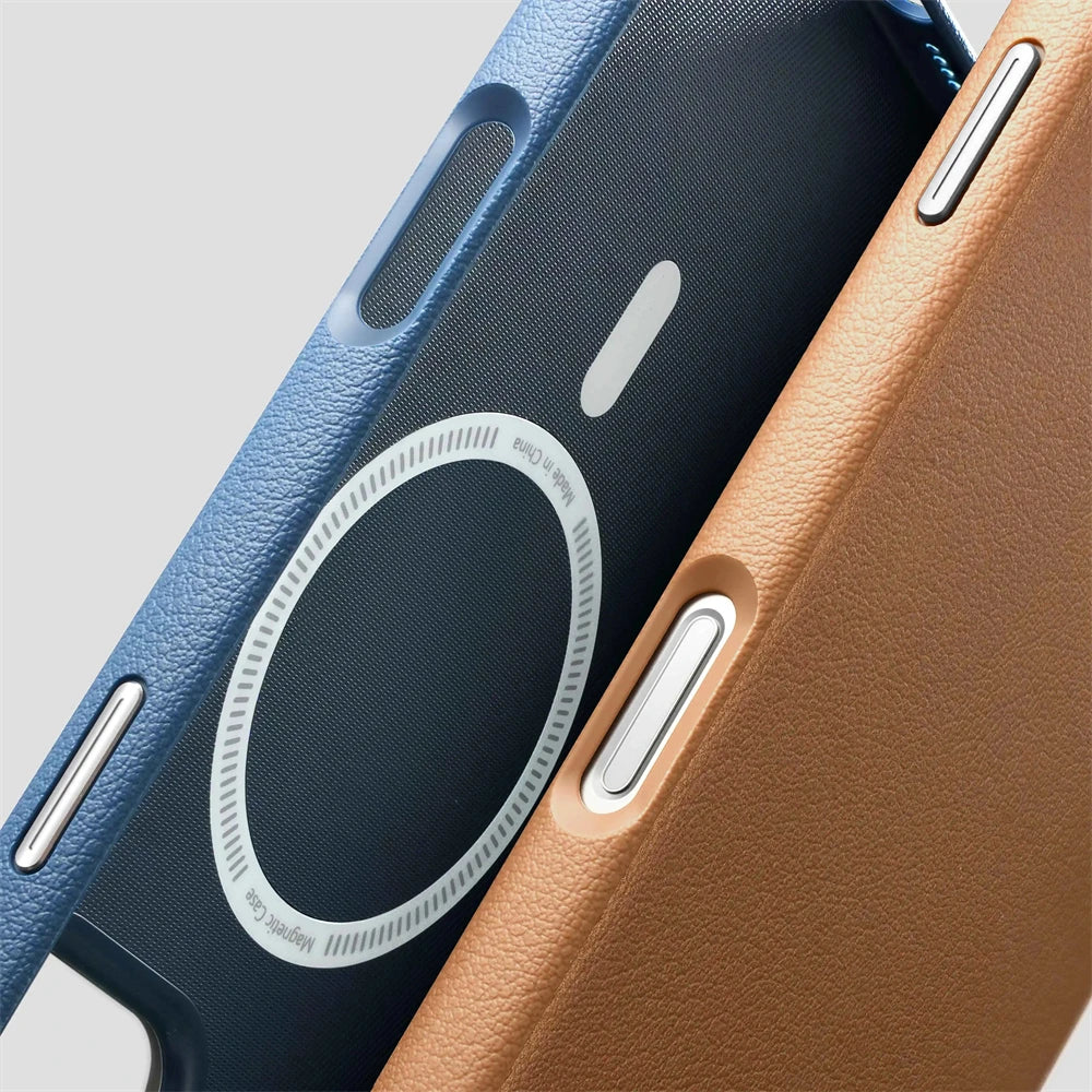 Luxury Alloy Lens Frame Business PU Leather Case For iPhone 17 16 Pro Max 15 14 Pro For Magsafe Magnetic Wireless Charge Cover