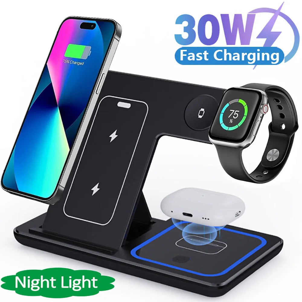 3 in 1 Wireless Charger Stand 30W LED Foldable Wireless Charger For iPhone 16 15 Pro Max iWatch 8 7 Airpods Charge Dock Station