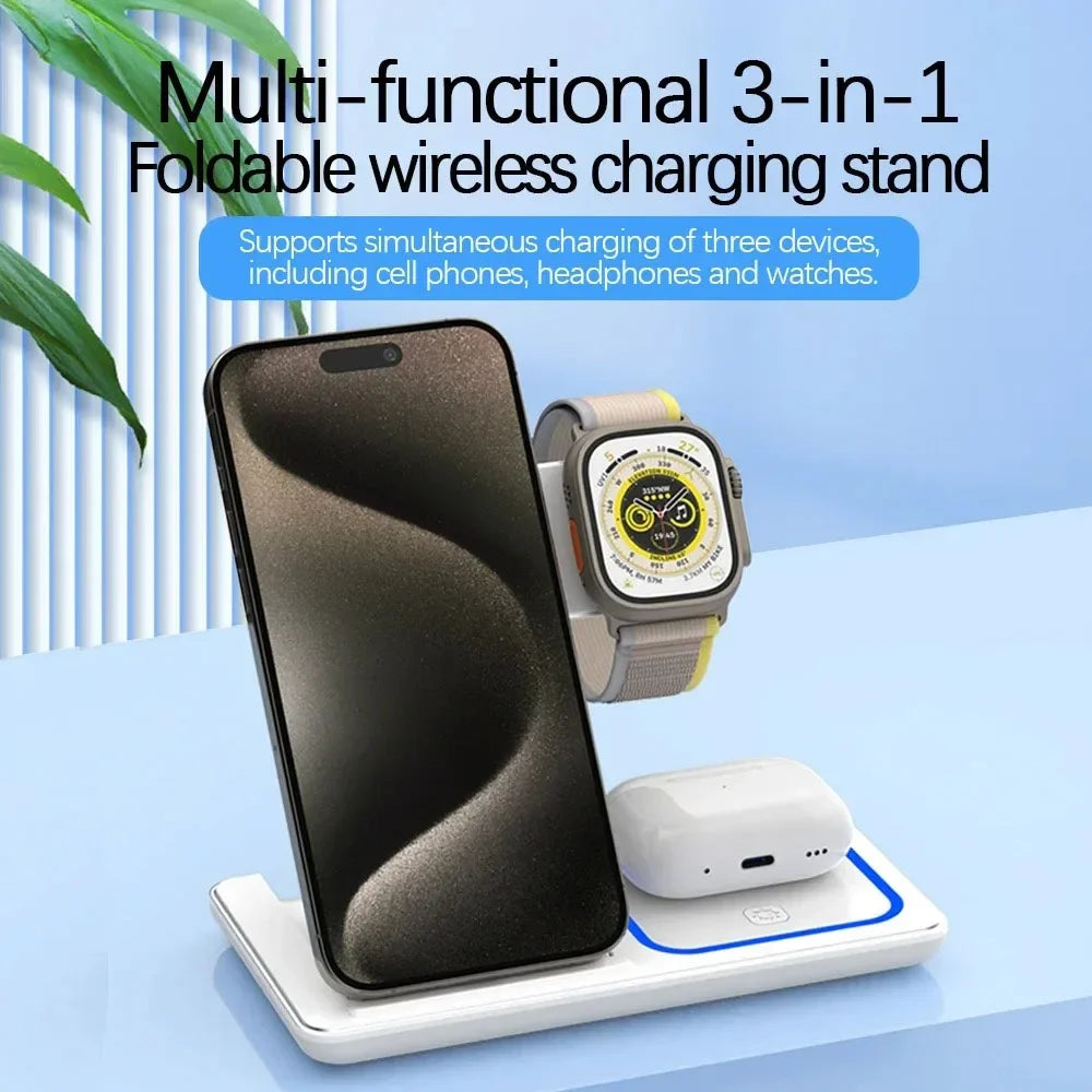 3 in 1 Wireless Charger Stand 30W LED Foldable Wireless Charger For iPhone 16 15 Pro Max iWatch 8 7 Airpods Charge Dock Station