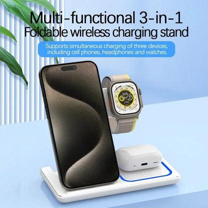 3 in 1 Wireless Charger Stand 30W LED Foldable Wireless Charger For iPhone 16 15 Pro Max iWatch 8 7 Airpods Charge Dock Station