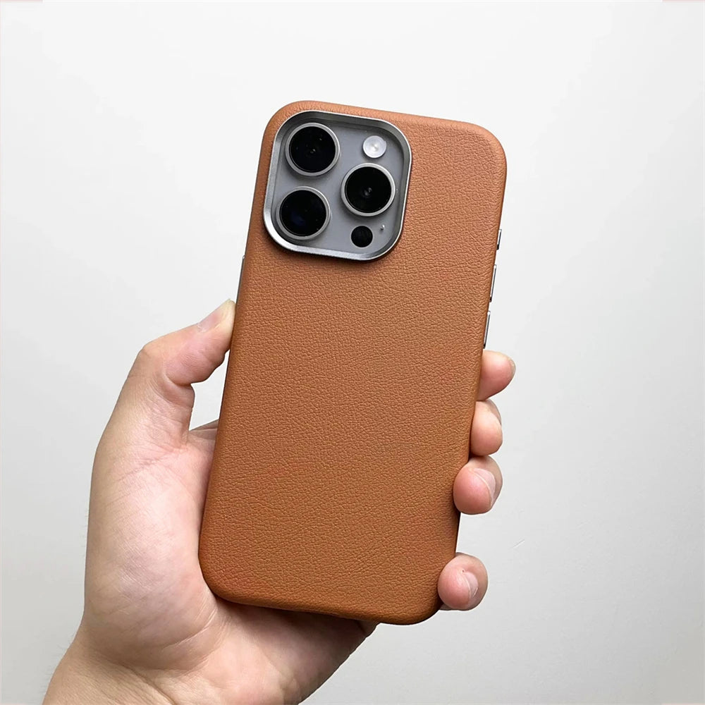 Luxury Alloy Lens Frame Business PU Leather Case For iPhone 17 16 Pro Max 15 14 Pro For Magsafe Magnetic Wireless Charge Cover