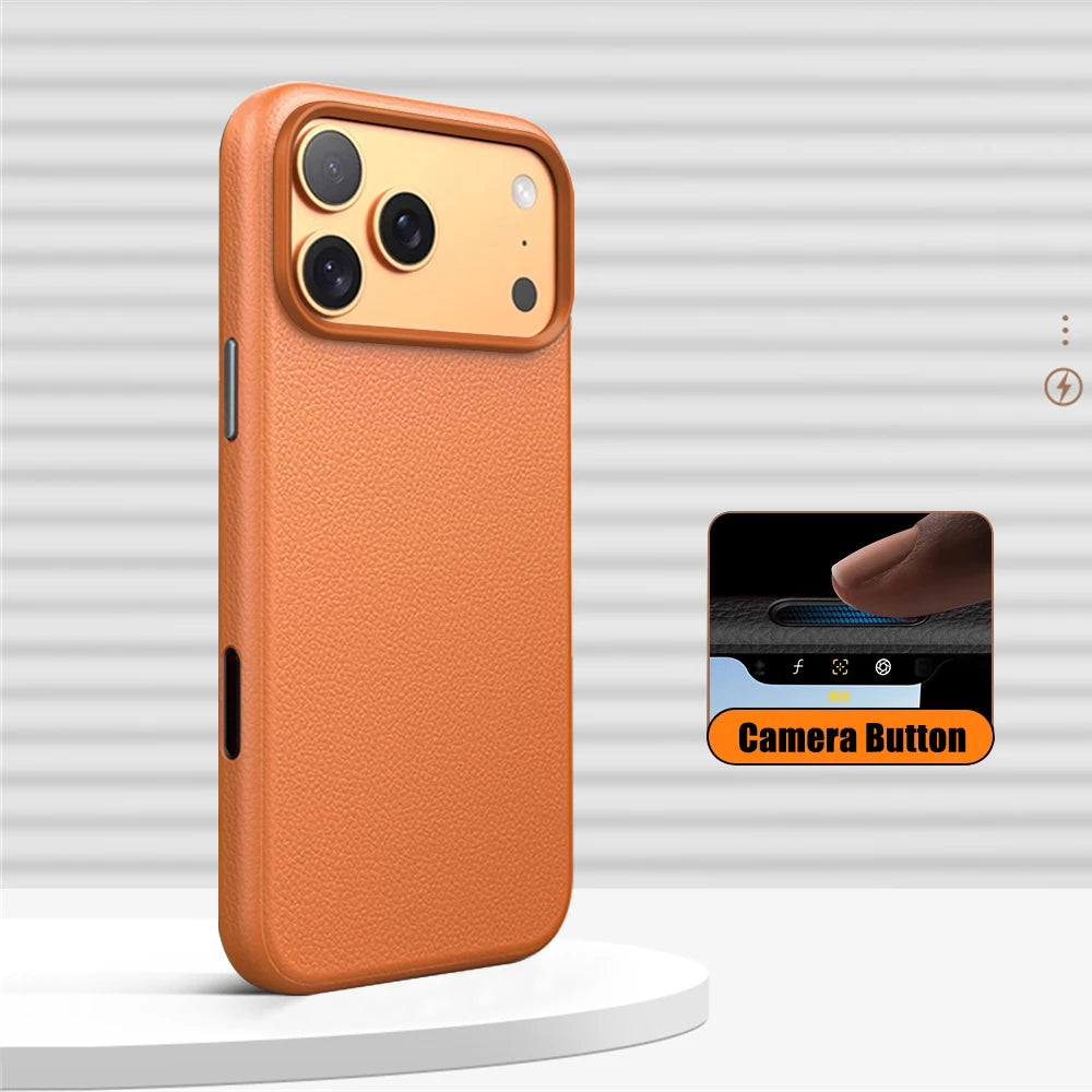 Luxury Alloy Lens Frame Business PU Leather Case For iPhone 17 16 Pro Max 15 14 Pro For Magsafe Magnetic Wireless Charge Cover