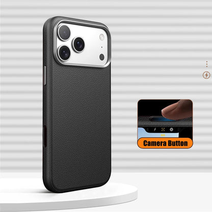Luxury Alloy Lens Frame Business PU Leather Case For iPhone 17 16 Pro Max 15 14 Pro For Magsafe Magnetic Wireless Charge Cover