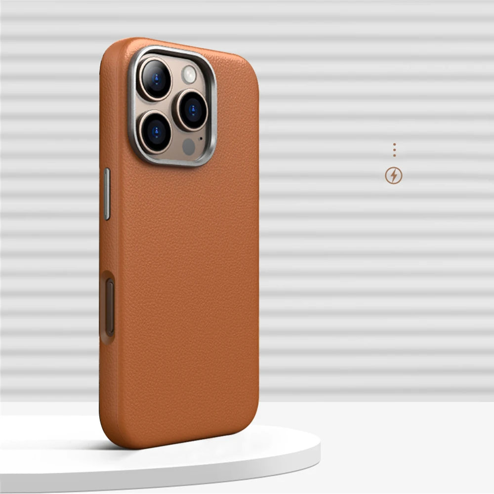 Luxury Alloy Lens Frame Business PU Leather Case For iPhone 17 16 Pro Max 15 14 Pro For Magsafe Magnetic Wireless Charge Cover