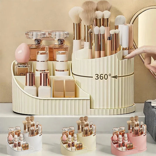 360° Rotating Vanity Makeup Organizer with Brush Holder, Large Spinning Cosmetic Storage for Skincare, Perfumes and Lotions