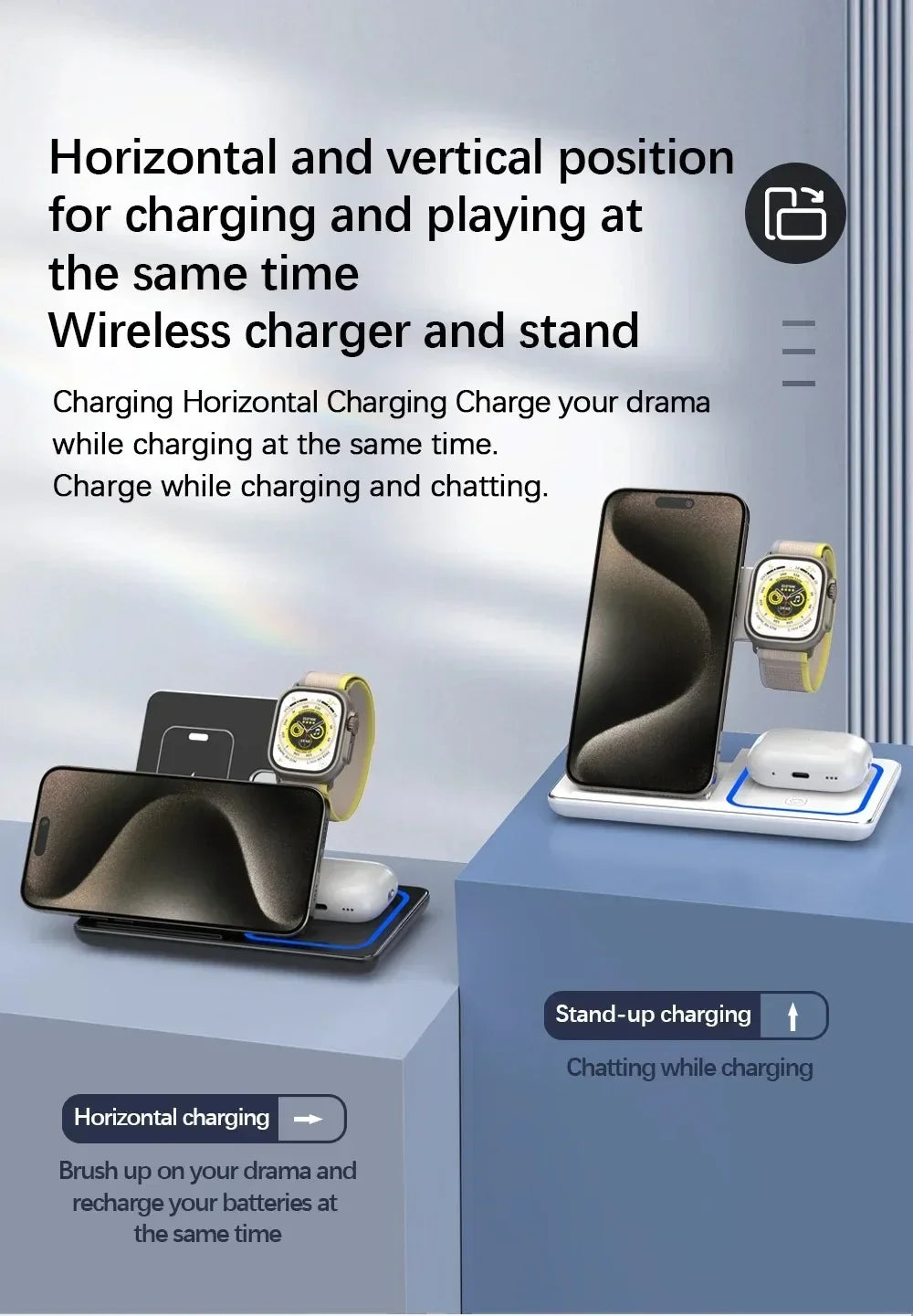 3 in 1 Wireless Charger Stand 30W LED Foldable Wireless Charger For iPhone 16 15 Pro Max iWatch 8 7 Airpods Charge Dock Station