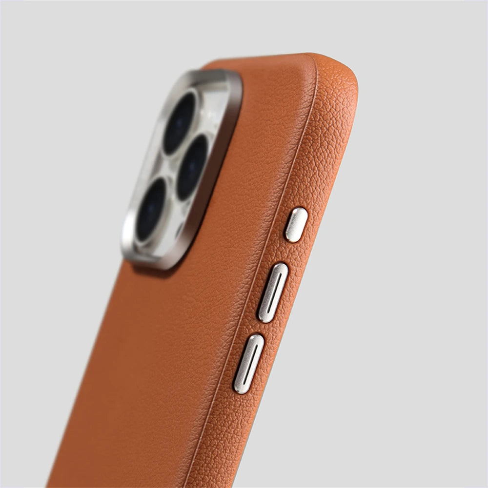 Luxury Alloy Lens Frame Business PU Leather Case For iPhone 17 16 Pro Max 15 14 Pro For Magsafe Magnetic Wireless Charge Cover