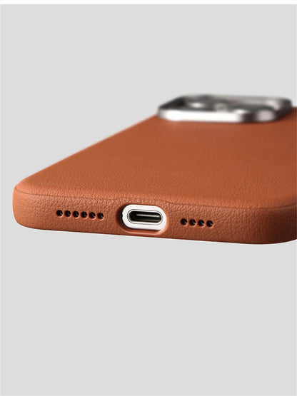 Luxury Alloy Lens Frame Business PU Leather Case For iPhone 17 16 Pro Max 15 14 Pro For Magsafe Magnetic Wireless Charge Cover