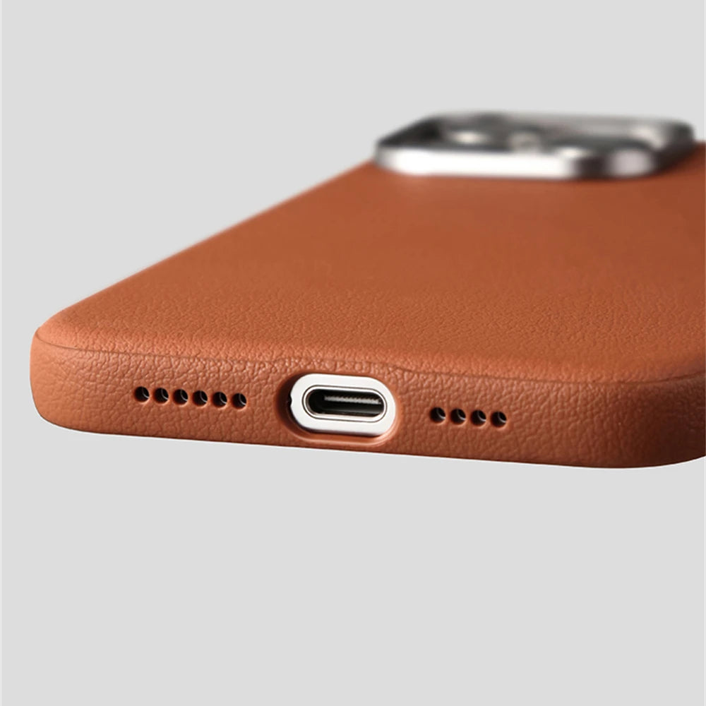 Luxury Alloy Lens Frame Business PU Leather Case For iPhone 17 16 Pro Max 15 14 Pro For Magsafe Magnetic Wireless Charge Cover