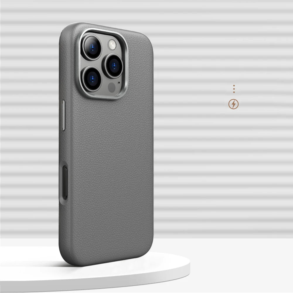 Luxury Alloy Lens Frame Business PU Leather Case For iPhone 17 16 Pro Max 15 14 Pro For Magsafe Magnetic Wireless Charge Cover