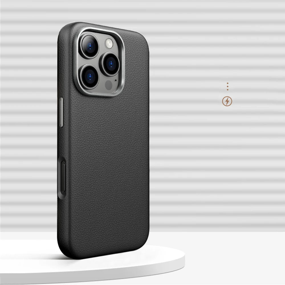 Luxury Alloy Lens Frame Business PU Leather Case For iPhone 17 16 Pro Max 15 14 Pro For Magsafe Magnetic Wireless Charge Cover