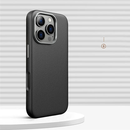 Luxury Alloy Lens Frame Business PU Leather Case For iPhone 17 16 Pro Max 15 14 Pro For Magsafe Magnetic Wireless Charge Cover